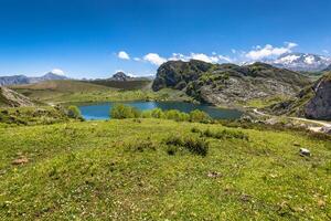 See Enol und Berg Rückzug, das berühmt Seen von Covadonga, Asturien , Spanien foto