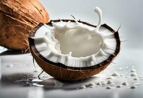 ai generiert geknackt Kokosnuss mit Milch Spritzen, Kokosnuss Milch Spritzen auf verschwommen Weiß Hintergrund. foto