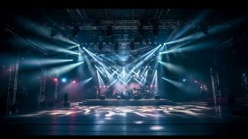 Bühne Scheinwerfer mit Laser- Strahlen und Rauch foto