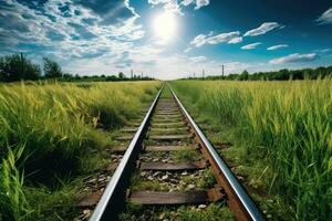 Eisenbahn im das Feld beim Sonnenuntergang mit schön Himmel foto