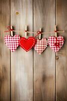 ai generiert Valentinstag Tag Hintergrund mit Herzen und Wäscheklammern auf hölzern Mauer foto