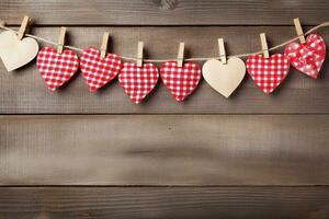 ai generiert Valentinstag Tag Hintergrund mit Herzen und Wäscheklammern auf hölzern Mauer foto