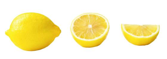 einstellen von ganze Gelb Zitrone mit Hälfte und Scheibe isoliert auf Weiß Hintergrund mit Ausschnitt Pfad foto