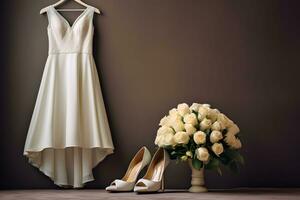 ai generiert Hochzeit Kleid mit Schuhe und Blumen foto