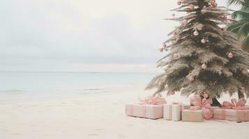 ai generiert generativ ai, Weihnachten auf das Strand. Geschenke, Weihnachten Baum, Palme, Ozean und Stühle. Ferien Konzept foto