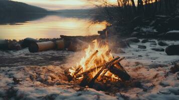 ai generiert generativ ai, Verbrennung Lagerfeuer, schön Winter Landschaft, Camping draussen Konzept im neutral stumm geschaltet Farben, Tourist Lager foto