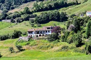 ein Haus auf ein Hang mit Grün Gras und Bäume foto