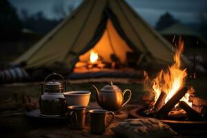 ai generiert Camping im das Wald, ein Kessel und ein Tasse von Tee foto