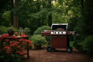 ai generiert Grill im das Hinterhof von ein Privat Haus im das Sommer, Grillen im das Hinterhof, ai generiert foto