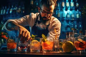 ai generiert Barmann Herstellung ein Cocktail beim Bar Zähler im Nacht Verein, Experte Barmann ist Herstellung Cocktails beim das Nacht Verein oder Bar, ai generiert foto