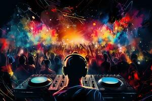 ai generiert dj Mischen Musik- auf DJs Deck beim Nacht Verein mit Menge von Menschen, dj Nacht Verein Party Rave mit das Menge im ein Musik- Festival, ai generiert foto