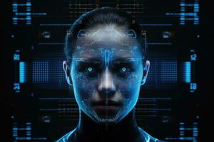 ai generiert schließen oben von futuristisch weiblich Gesicht gemacht von binär Code. 3d Wiedergabe, Digital Hologramm ct Scan und Röntgen auf ein Mensch Gesicht, vorgestellt auf ein dunkel medizinisch Bildschirm ohne Aufschlussreich das echt foto