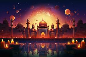 ai generiert Illustration von eid Mubarak Hintergrund mit Moschee und Kerzen, Diwali Festival von Beleuchtung Hintergrund, ai generiert foto