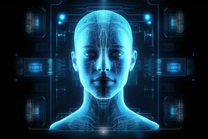 ai generiert 3d Rendern von weiblich Kopf mit Digital Schaltkreis Tafel auf dunkel Hintergrund, Digital Hologramm ct Scan und Röntgen auf ein Mensch Gesicht, vorgestellt auf ein dunkel medizinisch Bildschirm ohne Aufschlussreich foto