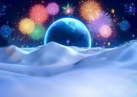 3d Illustration Feier Weihnachten Eis und Feuerwerk Hintergrund Globus im Center Vorlage Neu Jahr Feier foto