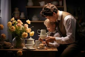 ai generiert Vater und Sohn Trinken Tee im das Küche. Vaters Tag Konzept, Papa Lehren Sohn zu machen ein Tasse von Tee auf Mütter Tag foto