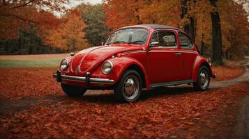 ai generiert rot Auto Fahren durch Herbst Stadt Straße mit Bäume und Blätter. foto