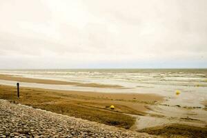 ein Strand mit ein wenige Gelb Bojen im das Wasser foto