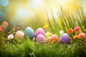 ai generiert bunt Ostern Eier im Gras. glücklich Ostern Hintergrund. foto