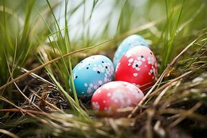 ai generiert bunt Ostern Eier im Gras. glücklich Ostern Hintergrund. foto