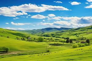 ai generiert schön Landschaft mit Grün Wiesen und Blau Himmel mit Wolken. foto