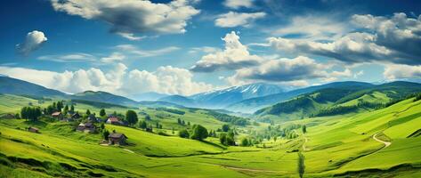 ai generiert schön Landschaft mit Grün Wiesen und Blau Himmel mit Wolken. foto