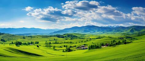 ai generiert schön Landschaft mit Grün Wiesen und Blau Himmel mit Wolken. foto