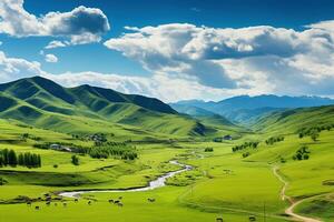 ai generiert schön Landschaft mit Grün Wiesen und Blau Himmel mit Wolken. foto