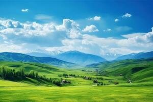 ai generiert schön Landschaft mit Grün Wiesen und Blau Himmel mit Wolken. foto