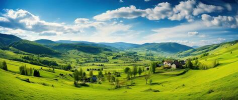 ai generiert schön Landschaft mit Grün Wiesen und Blau Himmel mit Wolken. foto