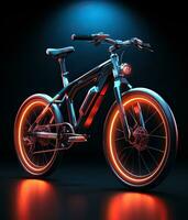 ai generiert elektrisch Fahrrad leuchtet mit Neon- Licht foto