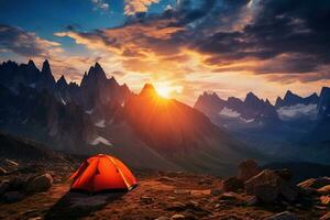 ai generiert Zelt im das Berge beim Sonnenuntergang. schön Sommer- Landschaft mit ein Zelt. foto