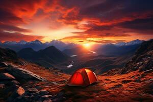 ai generiert Zelt im das Berge beim Sonnenuntergang. schön Sommer- Landschaft mit ein Zelt. foto