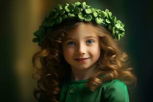 ai generiert Porträt von ein schön wenig Mädchen im ein Grün hat.st. Patrick's Tag Konzept foto