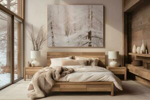 ai generiert gemütlich nordisch Stil Schlafzimmer mit Sanft Töne foto