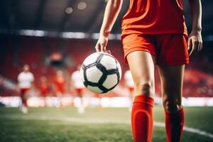 ai generiert Nahansicht von Fußball Ball im Bewegung auf Gras Gefahren durch Mädchen foto