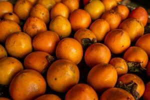 reif Orange Persimonen. auf das Tabelle im das Markt. ein Bündel von organisch Persimmon Früchte beim ein lokal Bauern Markt im dalat Stadt, Vietnam. Persimmon Hintergrund. eben legen. foto