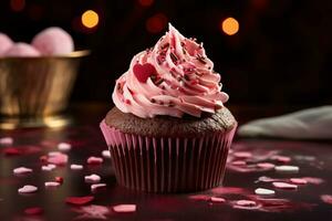 ai generiert Valentinstag Cupcake mit herzförmig Sträusel auf rot Hintergrund foto