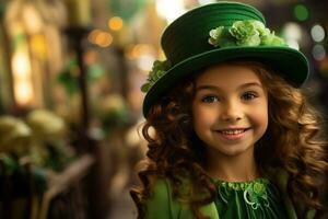 ai generiert Porträt von ein schön wenig Mädchen im ein Grün hat.st. Patrick's Tag Konzept foto