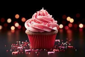 ai generiert Valentinstag Cupcake mit herzförmig Sträusel auf rot Hintergrund foto