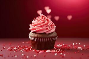 ai generiert Valentinstag Cupcake mit herzförmig Sträusel auf rot Hintergrund foto