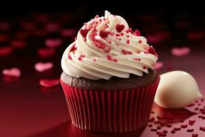 ai generiert Valentinstag Cupcake mit herzförmig Sträusel auf rot Hintergrund foto