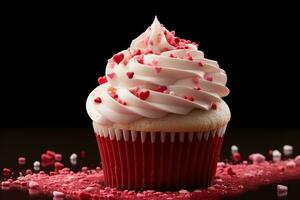 ai generiert Valentinstag Cupcake mit herzförmig Sträusel auf rot Hintergrund foto