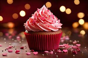 ai generiert Valentinstag Cupcake mit herzförmig Sträusel auf rot Hintergrund foto