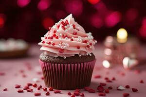 ai generiert Valentinstag Cupcake mit herzförmig Sträusel auf rot Hintergrund foto