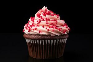 ai generiert Valentinstag Cupcake mit herzförmig Sträusel auf rot Hintergrund foto