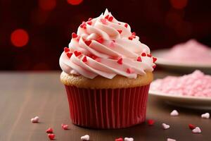 ai generiert Valentinstag Cupcake mit herzförmig Sträusel auf rot Hintergrund foto