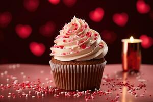 ai generiert Valentinstag Cupcake mit herzförmig Sträusel auf rot Hintergrund foto