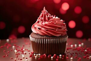 ai generiert Valentinstag Cupcake mit herzförmig Sträusel auf rot Hintergrund foto