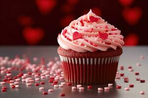 ai generiert Valentinstag Cupcake mit herzförmig Sträusel auf rot Hintergrund foto